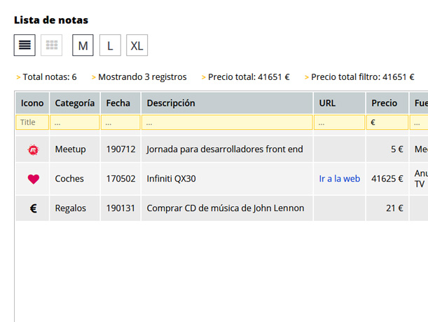 Vista escritorio tabla notas filtradas