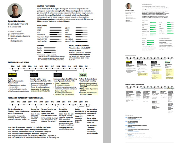 Comparación de la maquetación del CV entre la versión impresa y la online